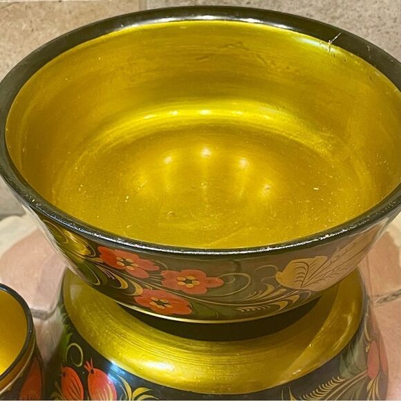 Russian Khokhloma Hand Painted Vintage Wooden Folk Art Bowl Set - Picture 7 of 16